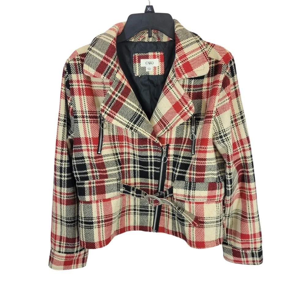 Cato Plaid Moto Jacket Belted Zip‎ Biker Chic Red Black Womens Size Large